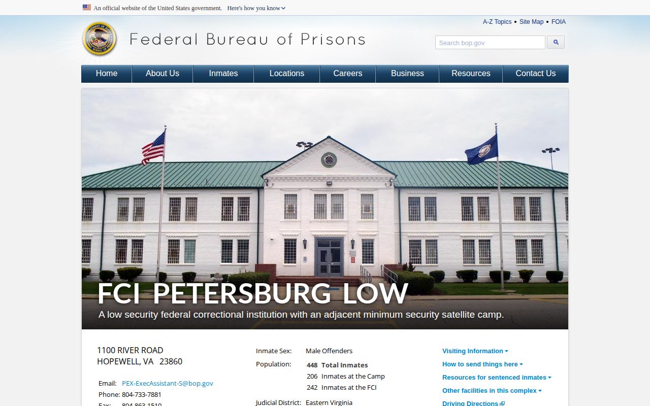 FCI Petersburg Low federal release search facility card