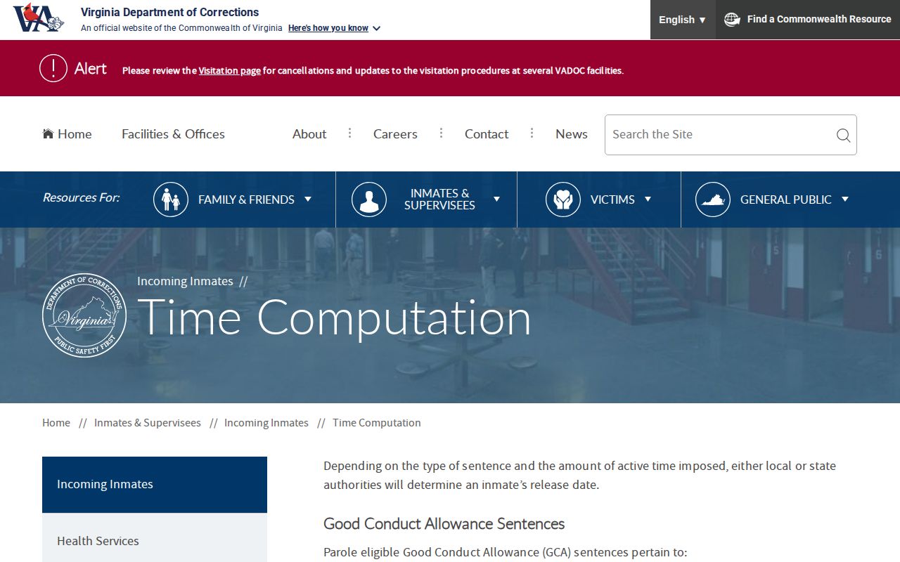 VADOC time computation source for Prince George County projected release dates