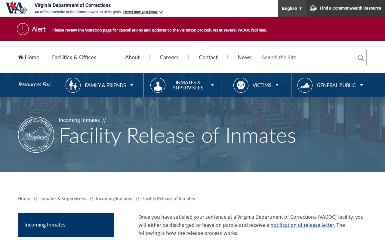 VADOC facility release timing for Prince George County actual release dates